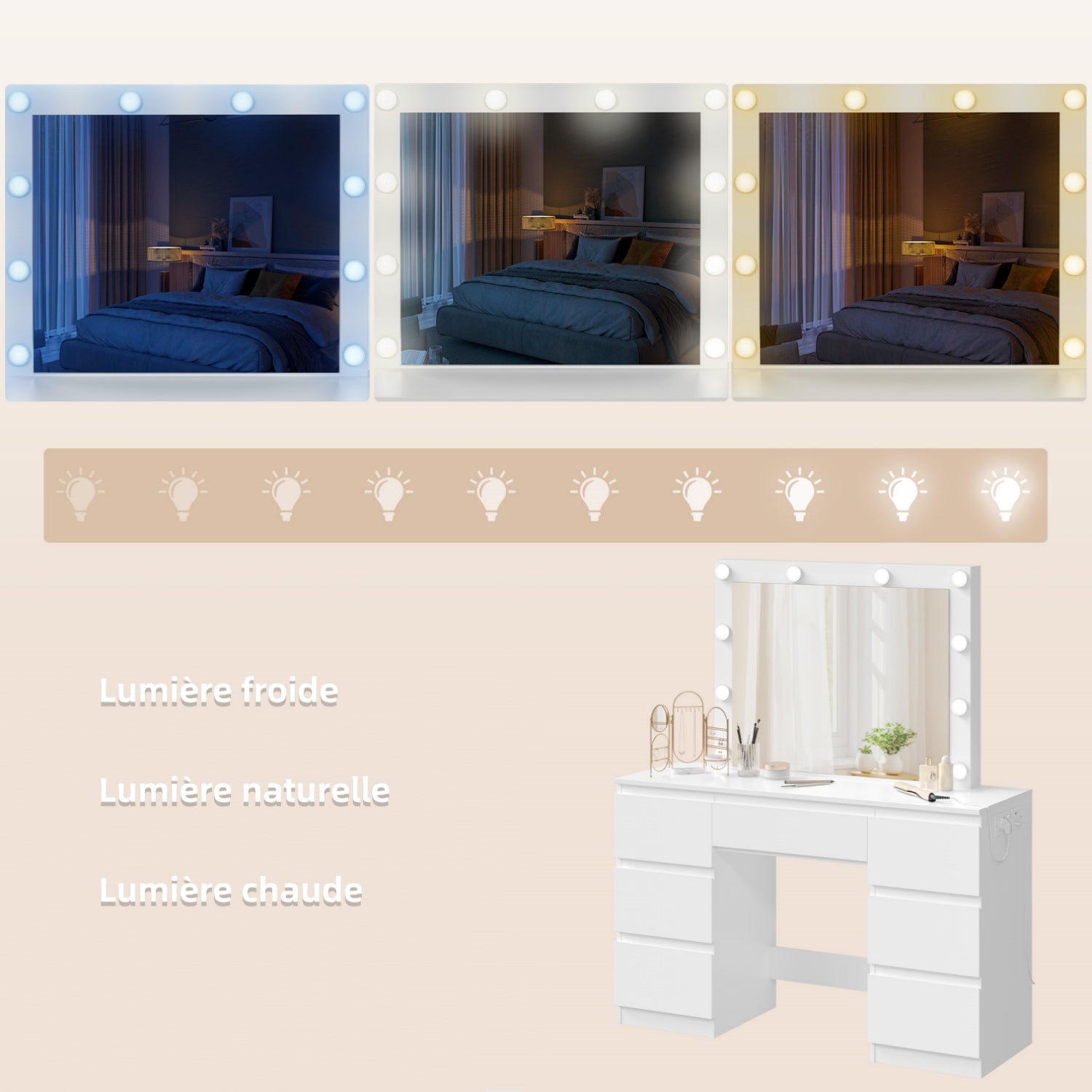 Coiffeuse avec miroir en MDF Blanc H. 110 x l. 39.5 x P. 140 cm - 5