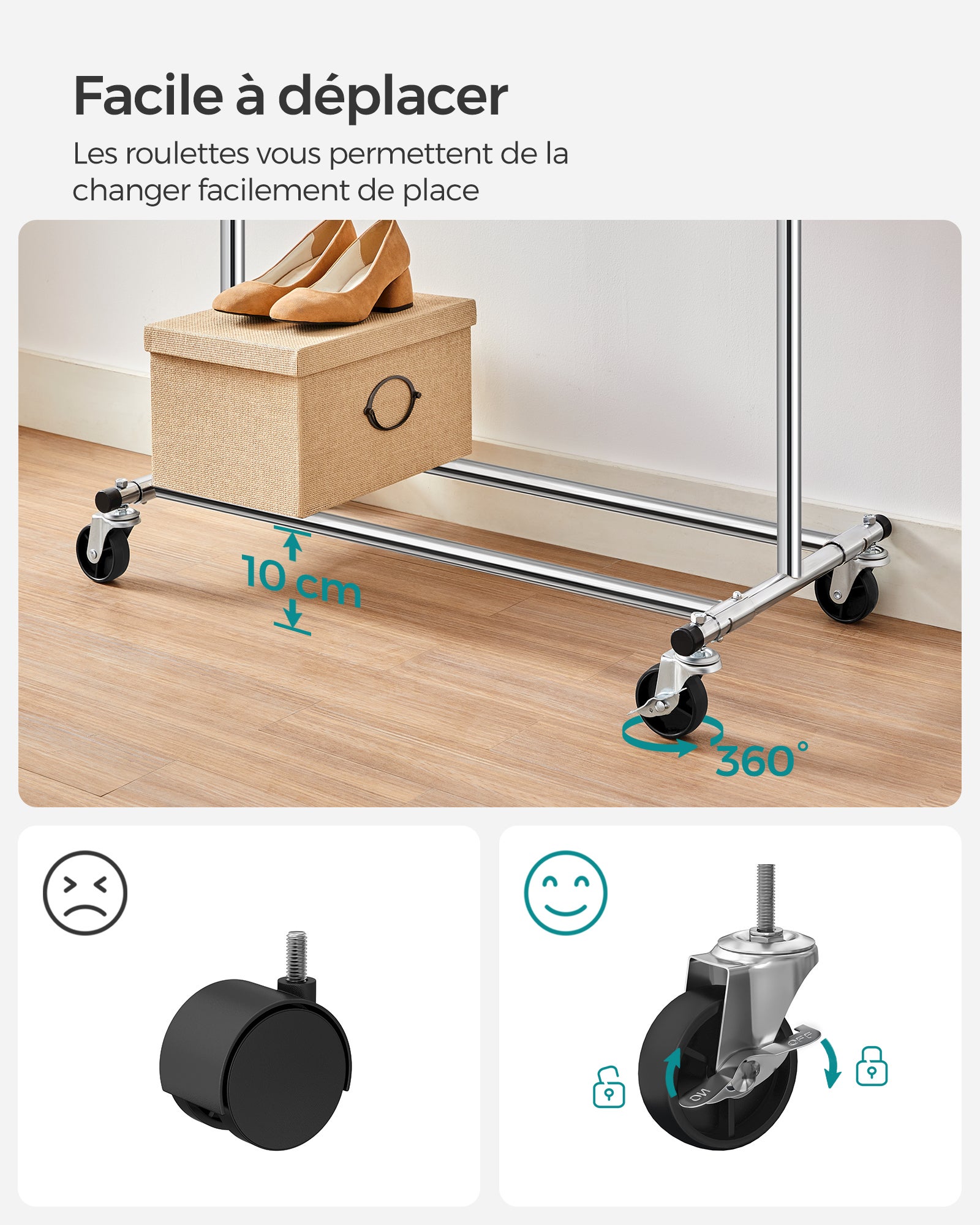 Portant à Vêtements avec Roulettes, Tringle Extensible pour Charge Lourde, Porte-manteau, Rangement Vêtement, Capacité de Charge 100 kg,Argent - 4