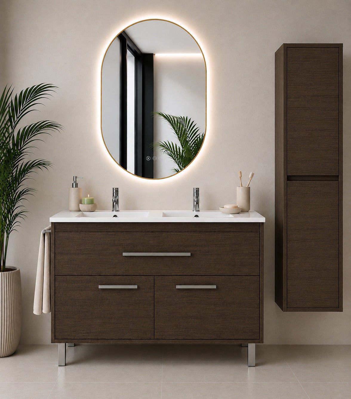 Mobilier de baie cu lavoar ORIGENBATH BAHIA fără oglindă 120x45 cm dublu frasin tea cu coloană