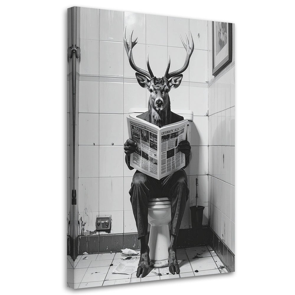 Obraz do łazienki wc, Humorystyczny jeleń w toalecie czytający gazetę czarno biały 40x60