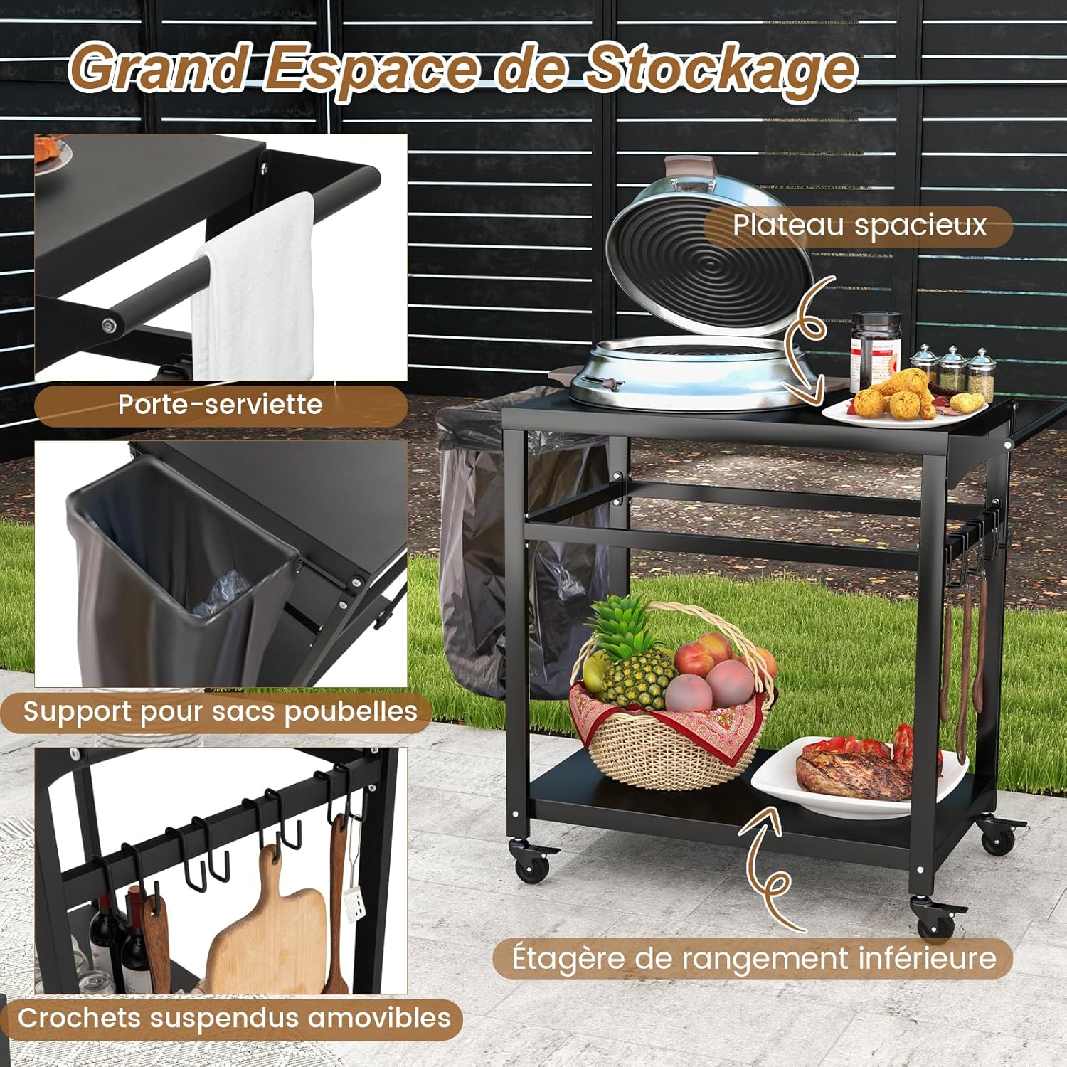 Desserte Jardin, Chariot de Barbecue avec 4 roulettes Verrouillables, Desserte Extérieur pour Barbecue, Plancha avec 4 Crochets et Étagère - 8
