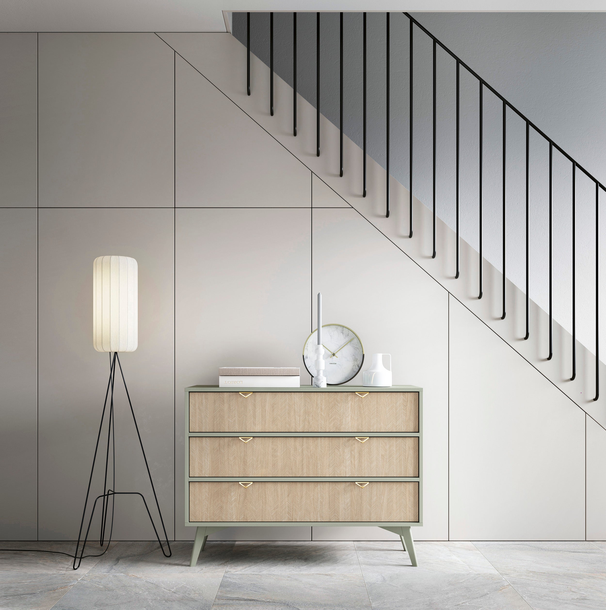 Komoda: 3 szuflady, wzór eukaliptus/scandi chevron, nogi drewniane, 106 x 80 x 38 cm - 4