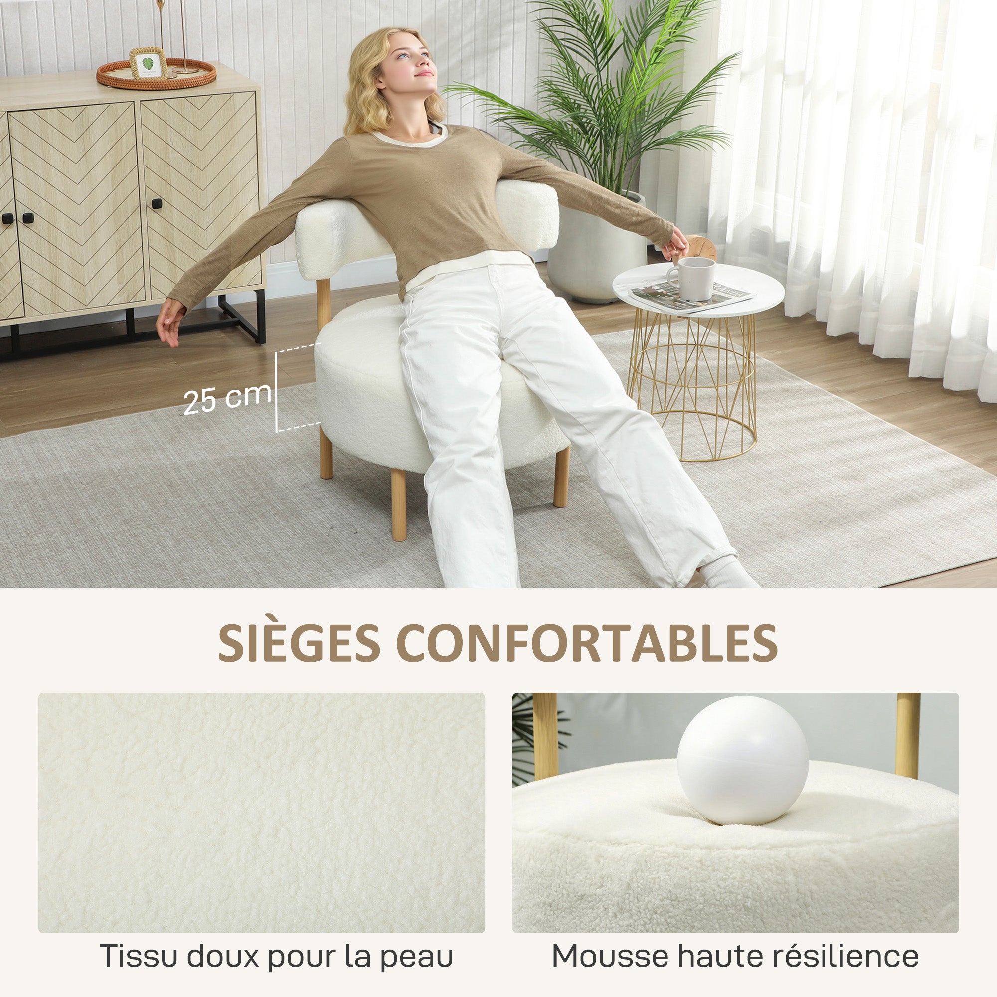 Fauteuil lounge capitonné une place bouclé crème dossier incurvé assise large 67x67x71 - 6