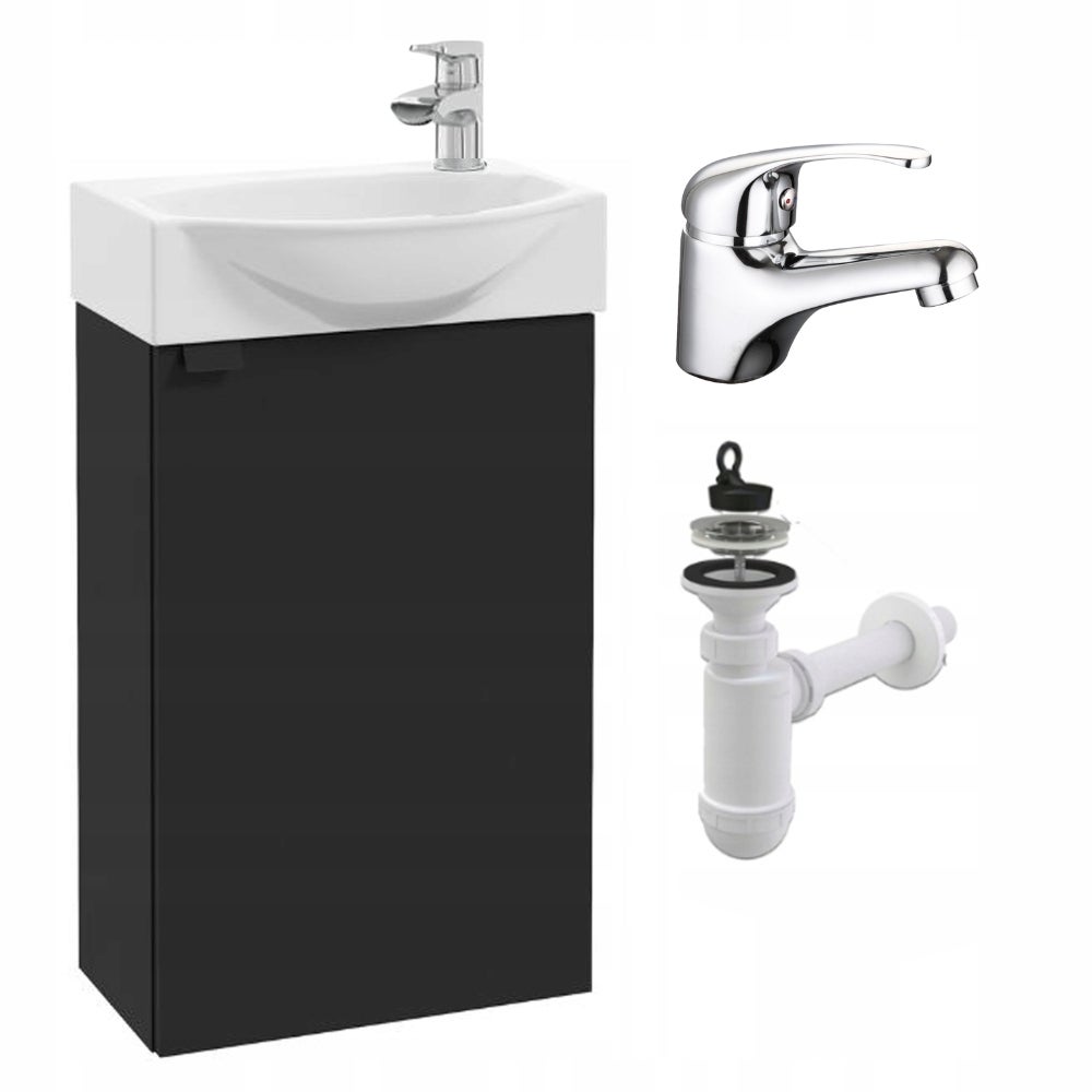 Szafka Łazienkowa Wisząca z Umywalką 40 x 22 Czarna Mat Bateria Chrom Mała