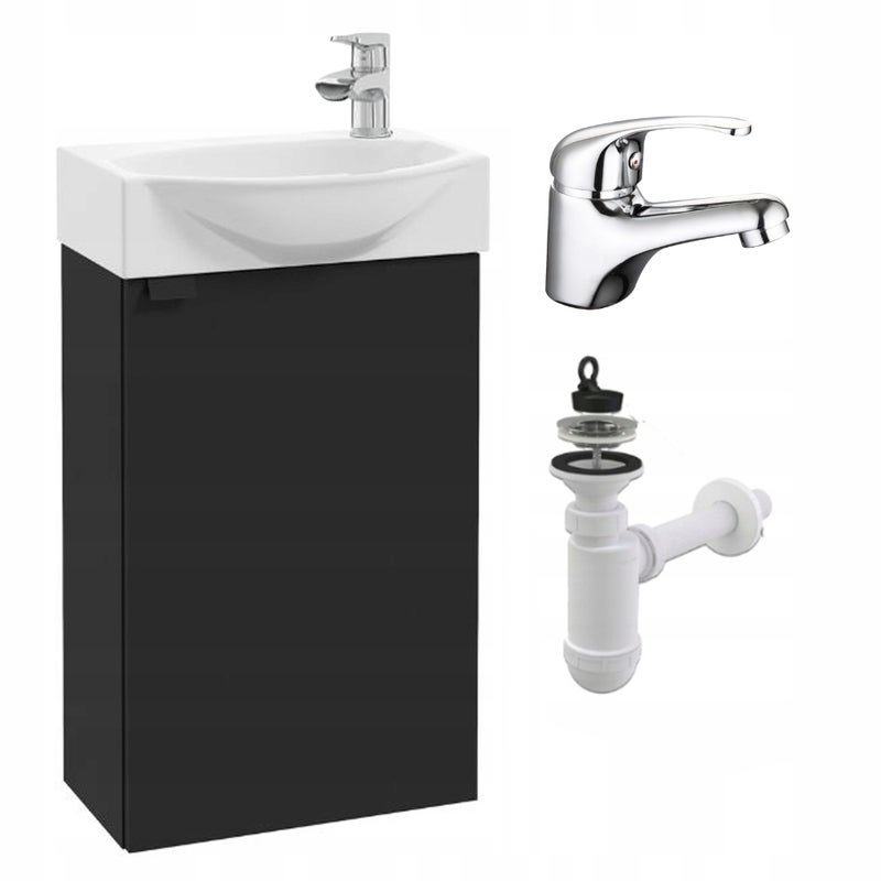 Szafka Łazienkowa Wisząca z Umywalką 40 x 22 Czarna Mat Bateria Chrom Mała
