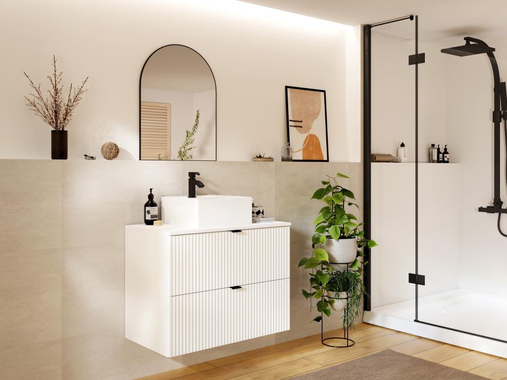 Meuble de salle de bain suspendu strié avec vasque carrée à poser