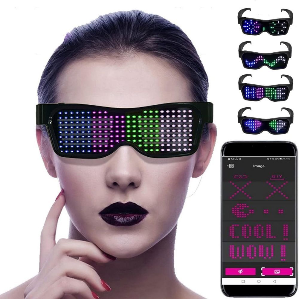 Okulary Bluetooth LED z wyświetlaczem aplikacji, migające wiadomości, idealne na festiwale, dla DJ-ów, na imprezy i do klubów
