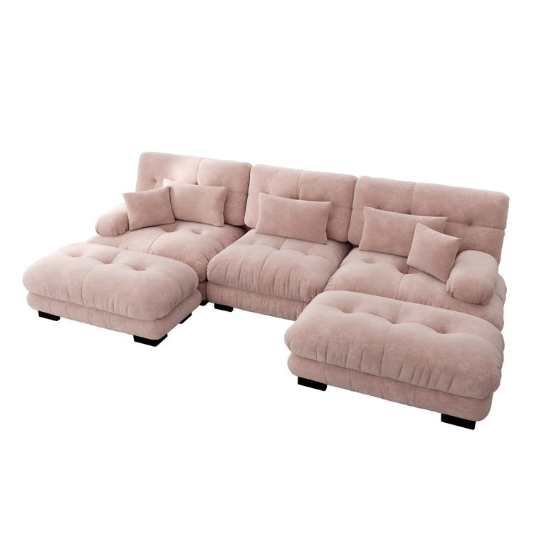 Canapé d'angle 3 place avec pouf amovible, en tissu, rose - 6