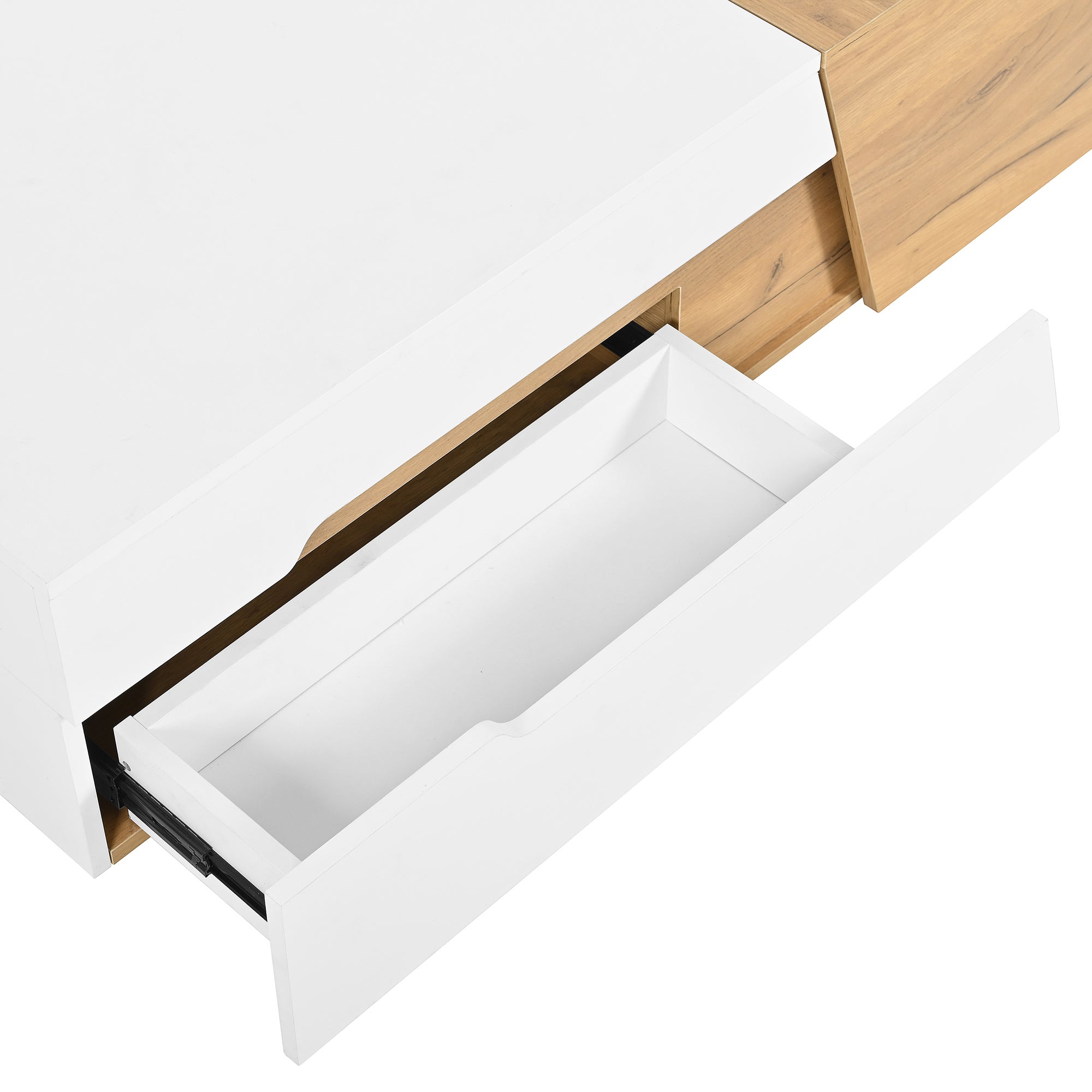 Tavolino rettangolare allungabile 120/201,5x50x37,5 cm con 2 cassetti, vano nascosto, in MDF, rovere e bianco - 9