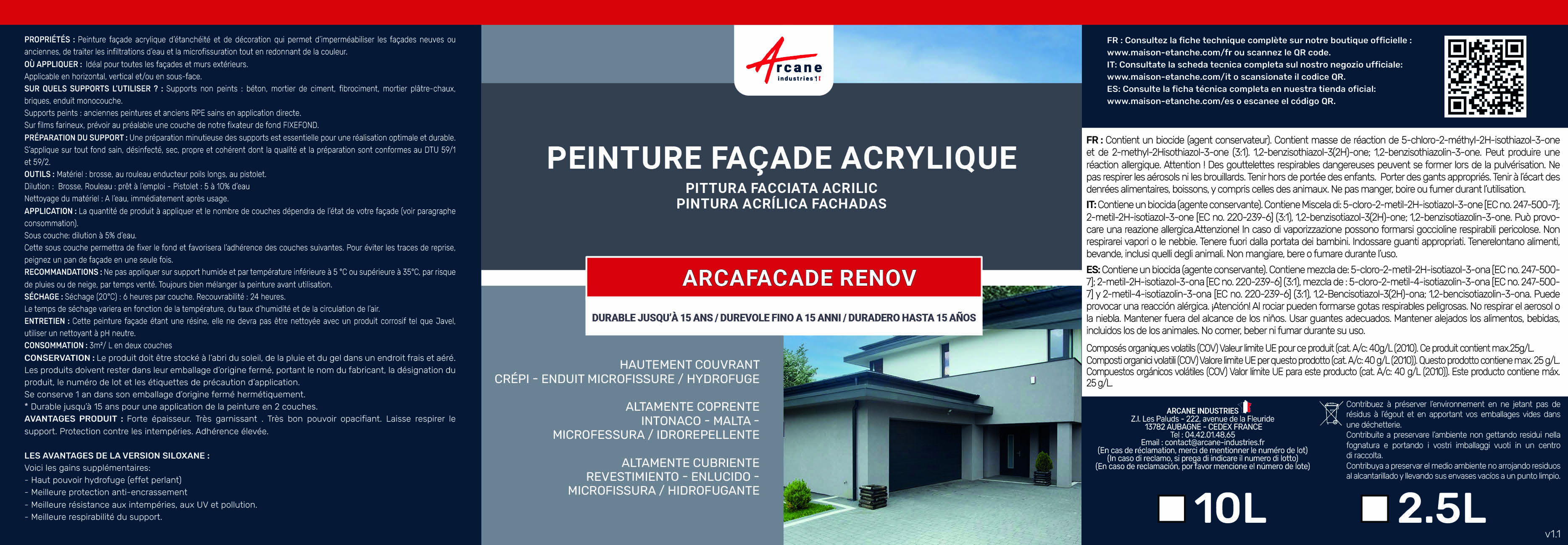 Peinture Façade - Peinture Hydrofuge Acrylique 14 couleurs - 10 L (+ ou - 60 m² en 1 couche) Blanc - ARCANE INDUSTRIES - 10