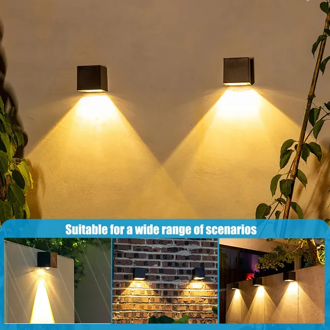 Zestaw 2 solarnych lamp ściennych LED IP65, ciepłe białe światło 3000K, wodoodporne oświetlenie ogrodowe na ścianę, ogrodzenie, taras i do ogrodu