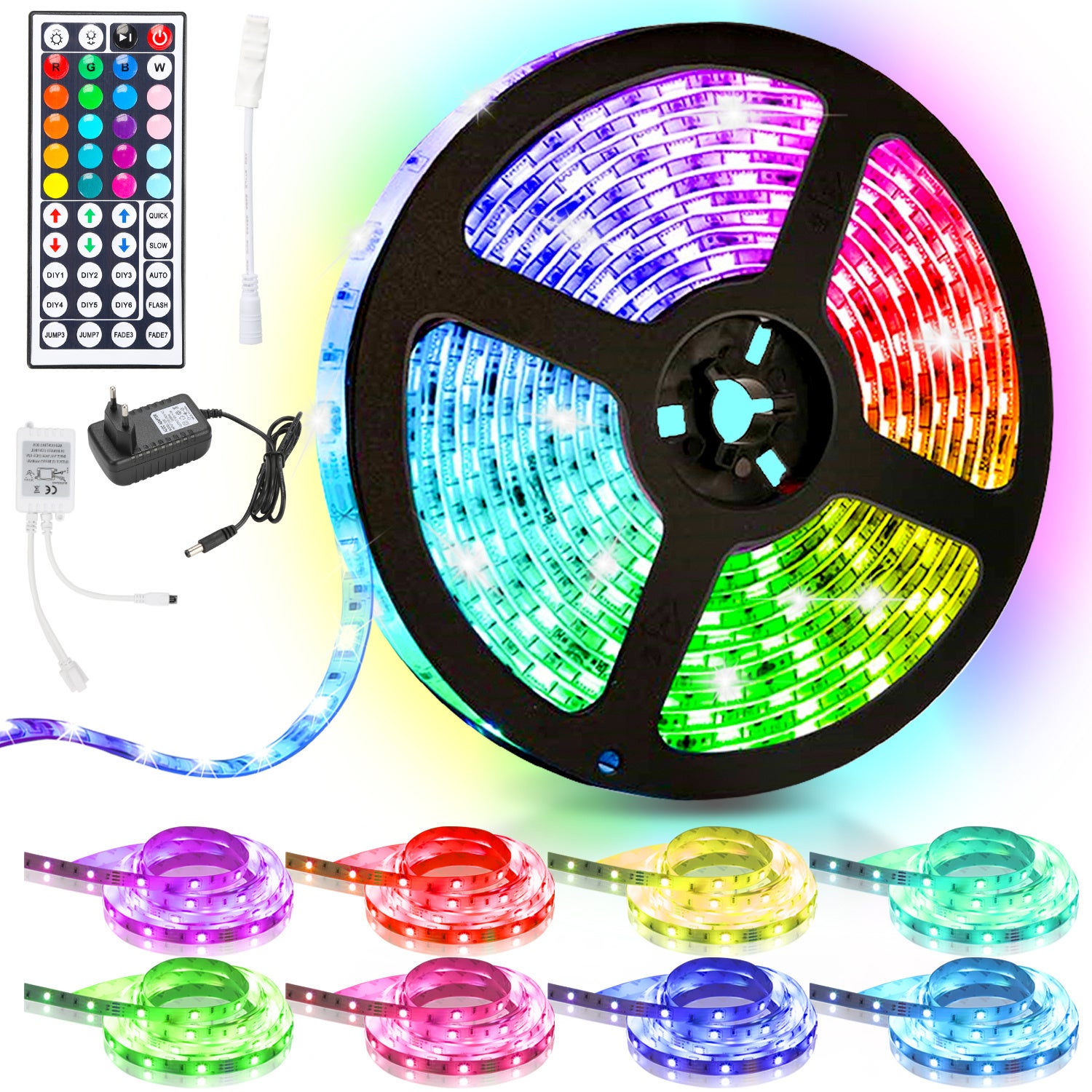 Taśma LED 3M 5050 SMD RGB, 90 diod LED z 44-klawiszowym pilotem zdalnego sterowania + zasilacz 12 V do ścianki tylnej na imprezy