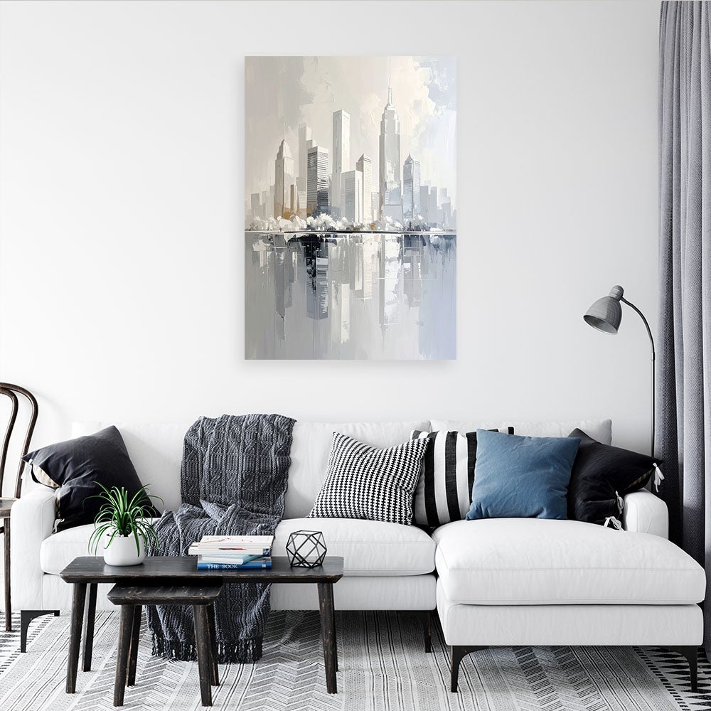 Obraz do salonu jadalni, Abstrakcyjna panorama miasta nowoczesna dekoracja w beżu i złocie 60x90 - 2