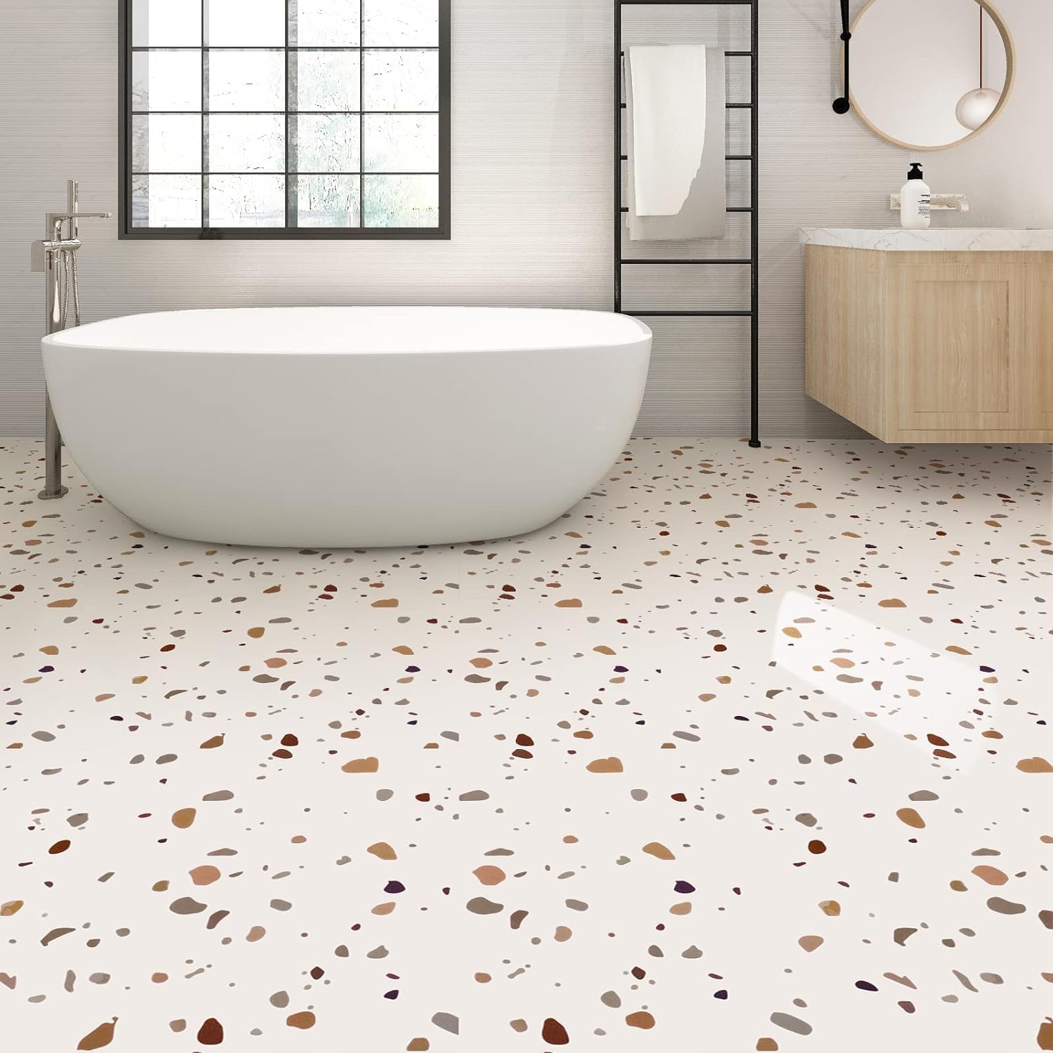 10 PVC Adhésif Terrazzo Autoadhésif Carrelage Cuisine Sol Autocollant Salle de Bain Marbre Imperméable (30x30cm Beige) - 2