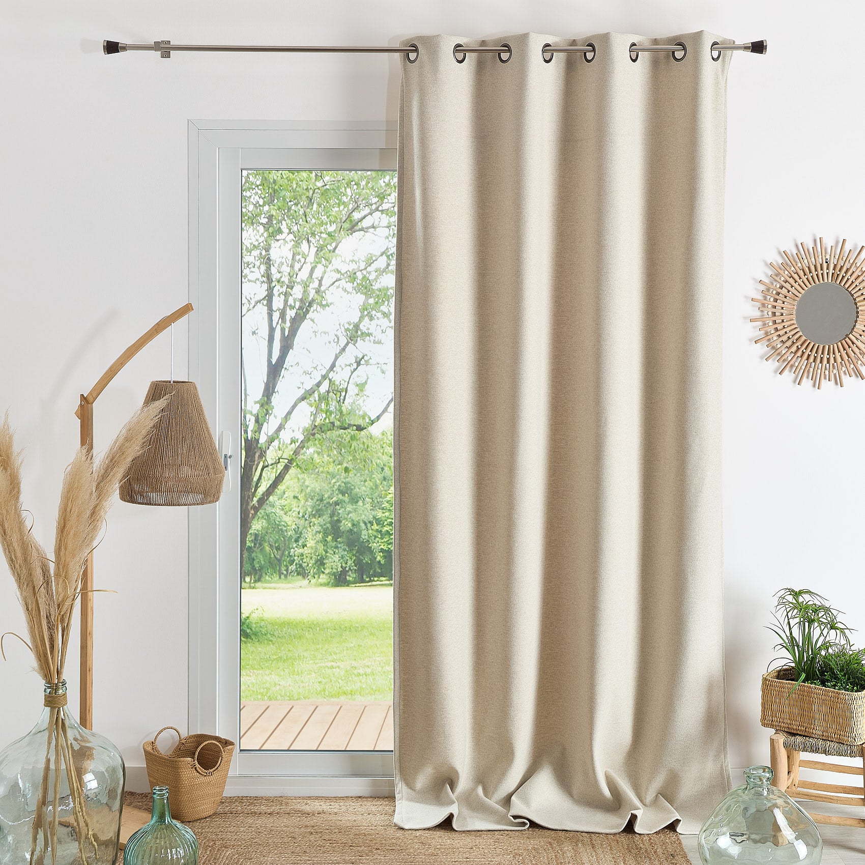 Rideau En Coton écru (greige) 140x260 Cm - 8 œillets, Lavable Machine - Certifié Oeko-Tex, Neuf
