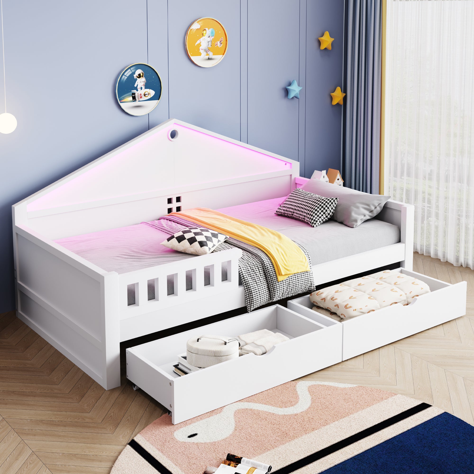 Łóżko dziecięce 90 x 200 cm z 2 szufladami i barierkami - Sosna + sklejka + MDF - Diody LED - Białe (Materac nie jest wliczony w cenę)