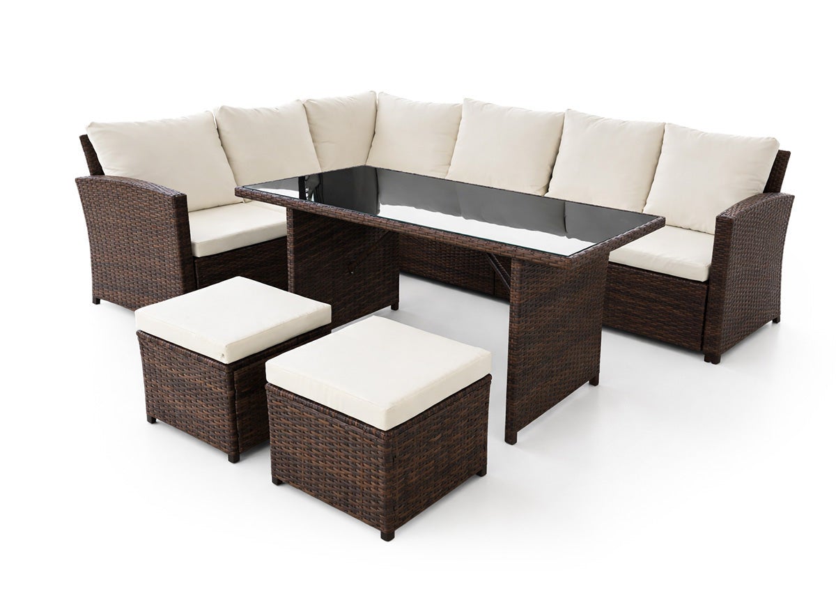 Sofá de Canto + Mesa + 2 puffs Rattan PE. Móveis de Jardim e Exterior, Cinza - 4
