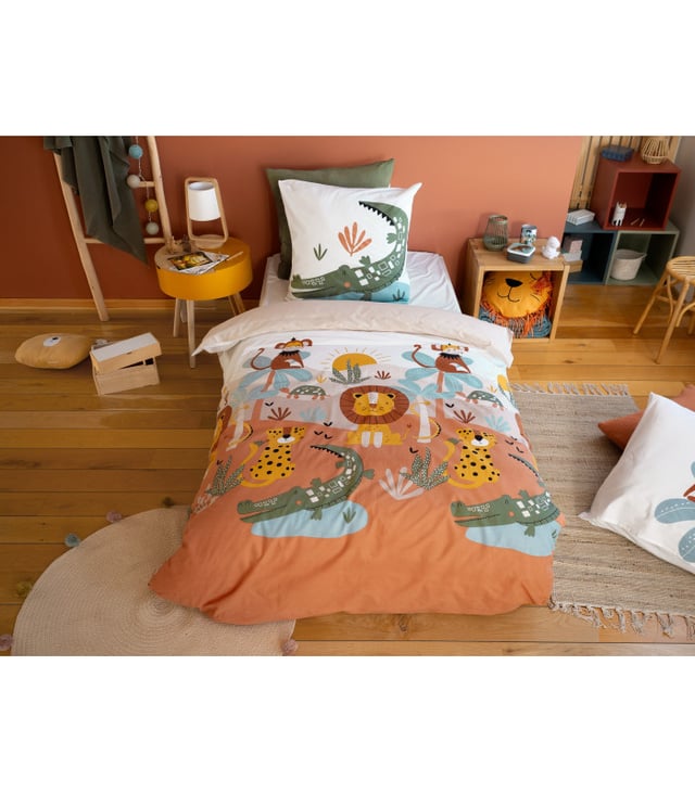 Parure de lit enfant SAVANE – 140x200 cm + 1 taie – Coton imprimé 57 fils/cm² - 140x200cm - Terre cuite