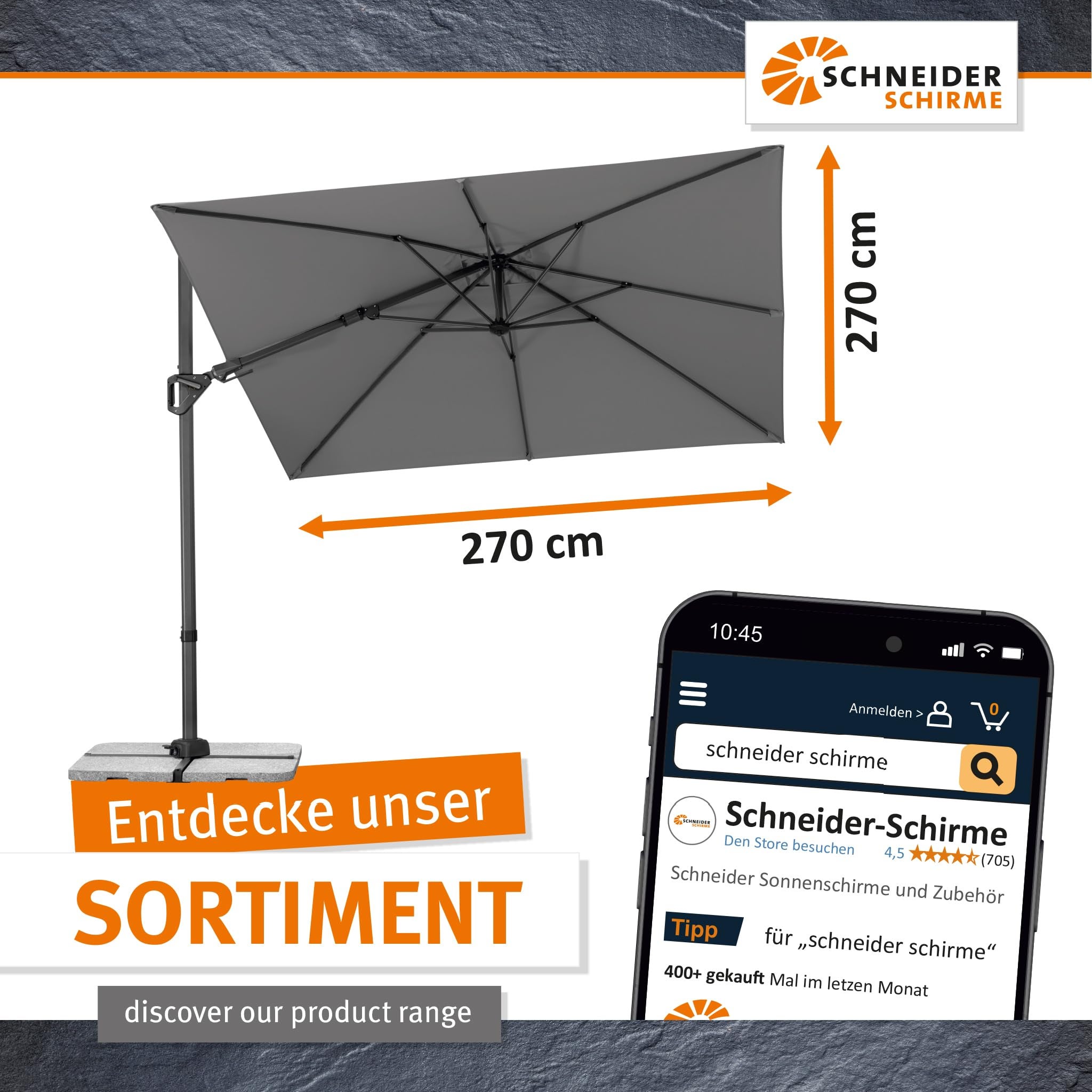 Parasol déporté Schneider Vivasol anthracite, 270 x 270 cm – rotatif 360°, inclinable, avec housse et support pour dalles - 2