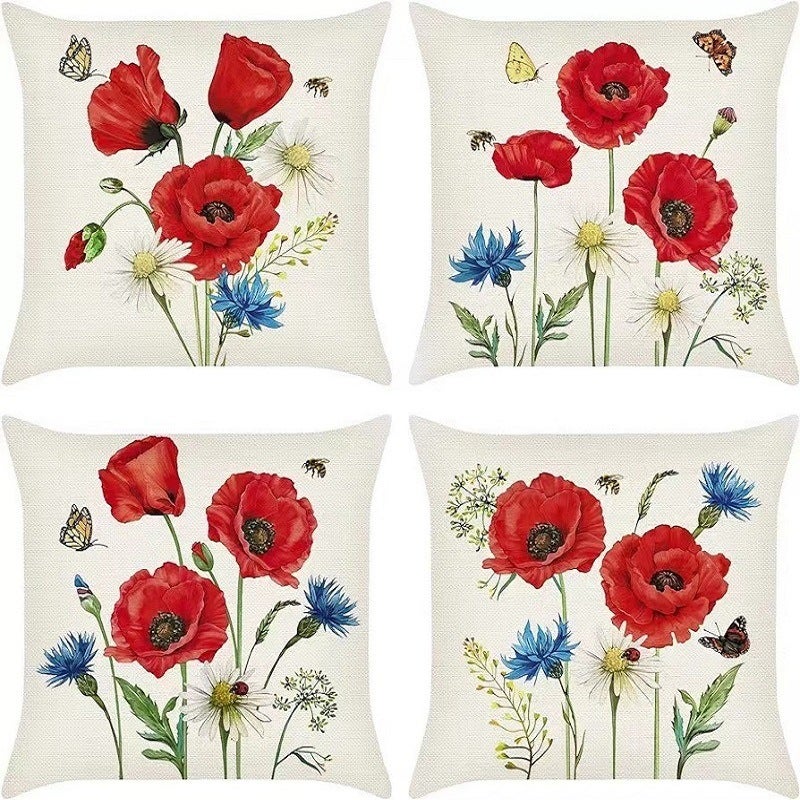 Housse de coussin fleurie coquelicot rouge, décoration de patio - France