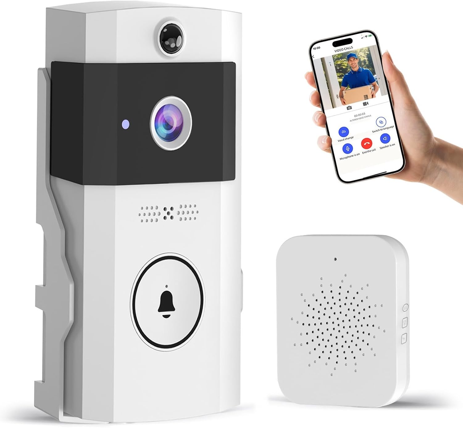 Bezprzewodowy dzwonek wideo Wi-Fi z dwukierunkowym audio, noktowizją i przechowywaniem w chmurze, 2,4 GHz dla bezpieczeństwa Twojego domu (biały)