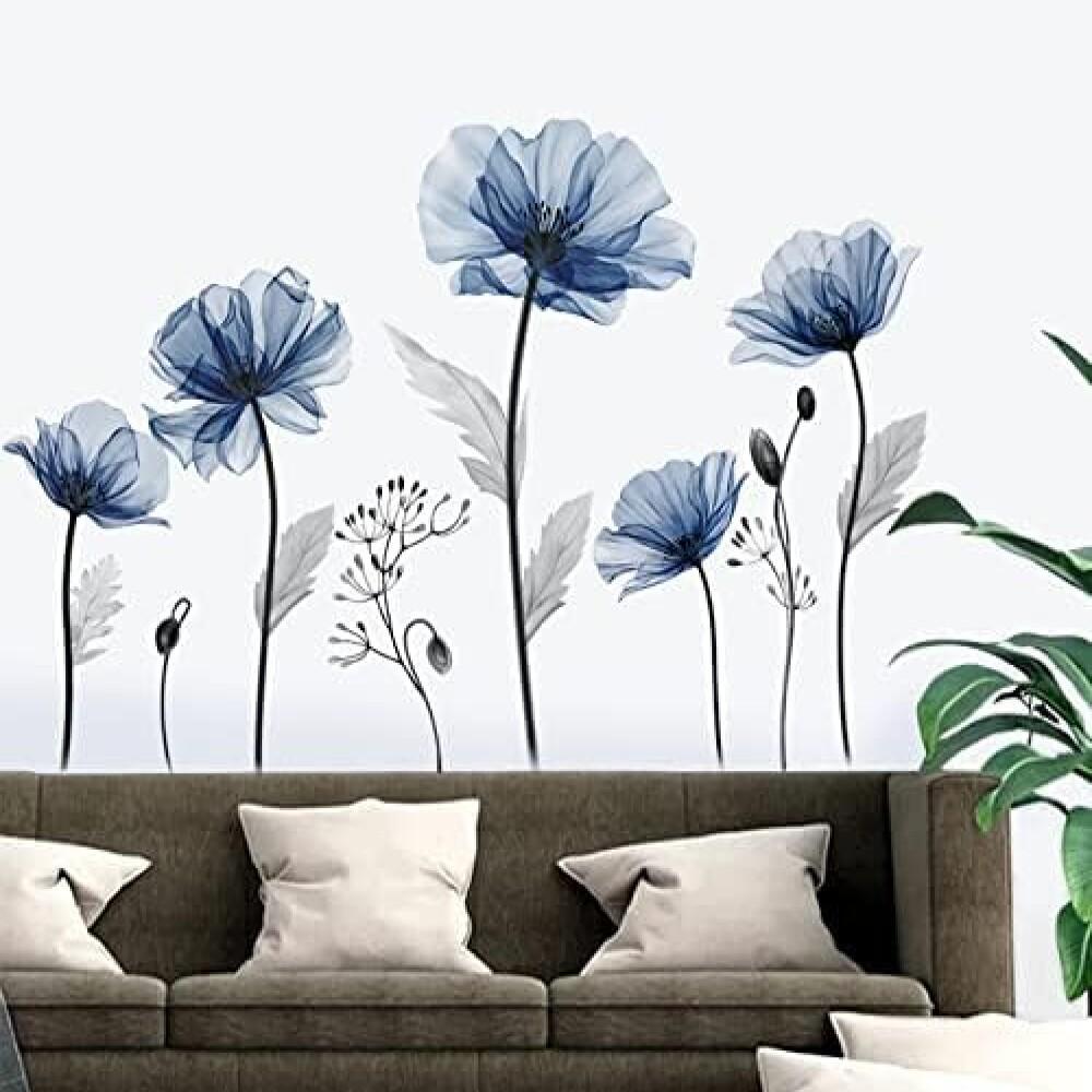 Pegatinas de pared de flores azules de 80 x 170 cm, pegatinas de pared grandes con flores de amapola azul, decoración de pared para sala de estar, dor