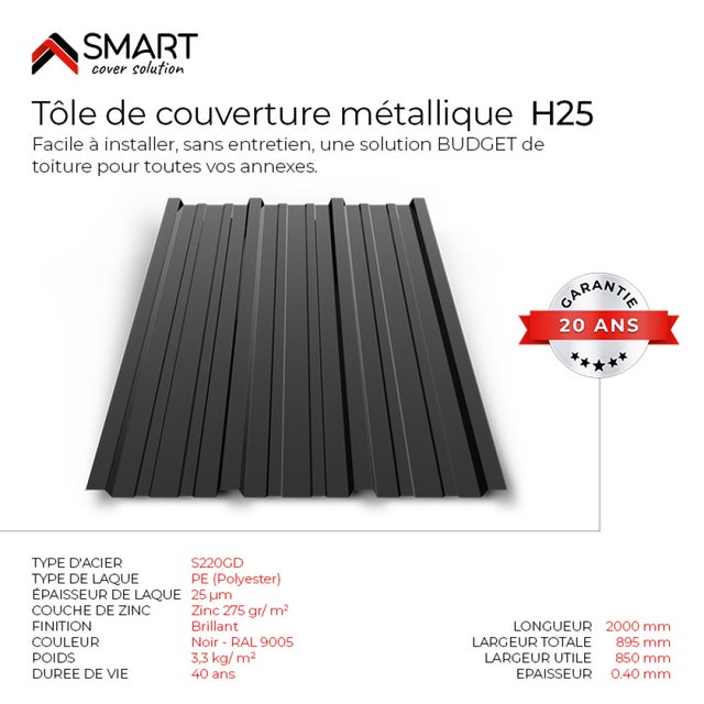 Tôle bac acier - Toiture - Couverture - plaque TR25 Coloris Noir Brillant RAL 9005 Dimensions 2000x895x0.40 mm