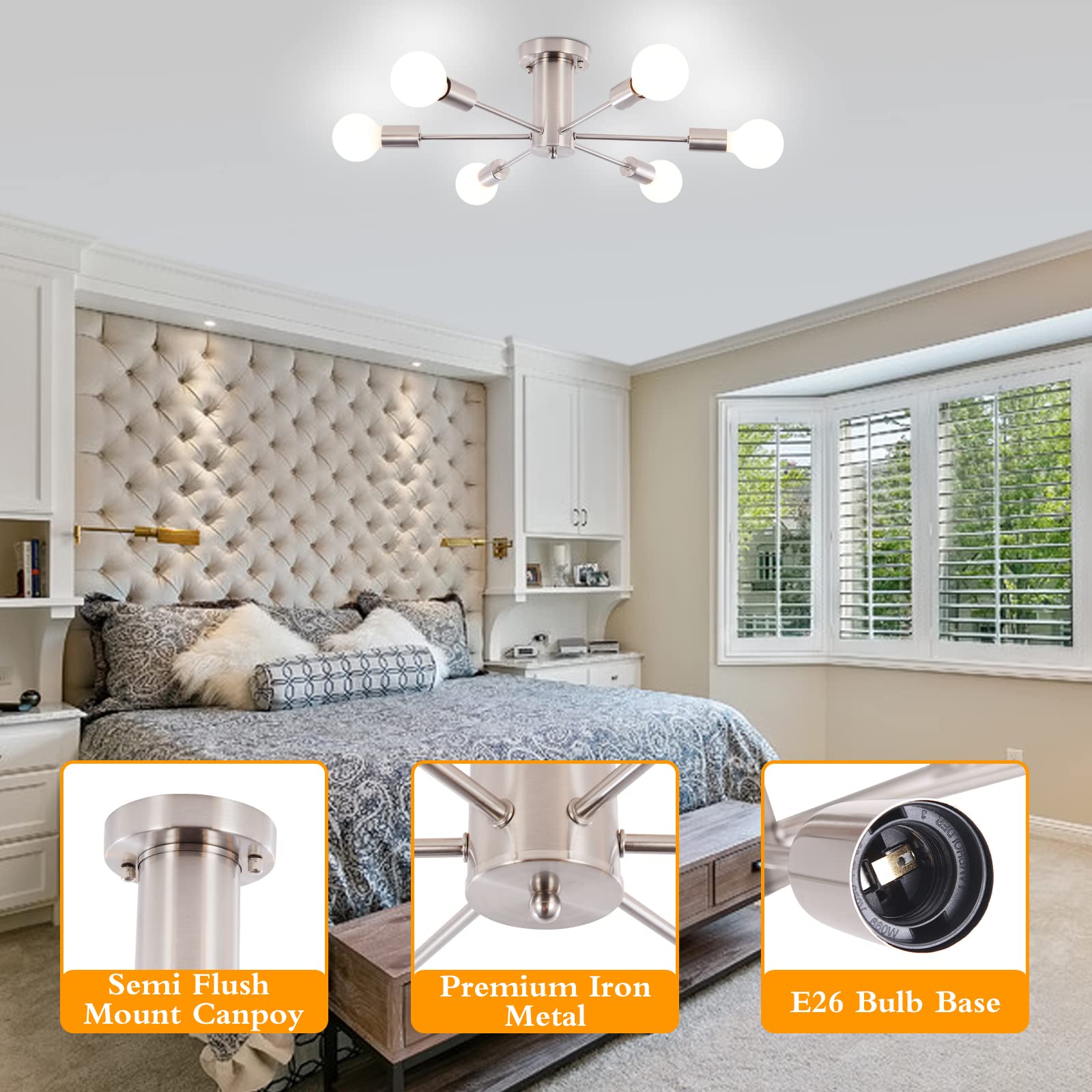 Półwpuszczana lampa sufitowa, sufitowa z 6 punktami świetlnymi, nowoczesny żyrandol satelitarny, z połowy XX wieku, srebrna (żarówki nie są dołączone) - 5