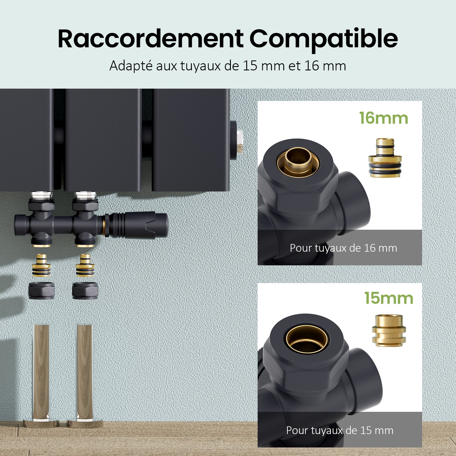 Juego de válvula termostática para radiador de baño – Conjunto en color antracita – Apto para tuberías de 15 mm y 16 mm - 4