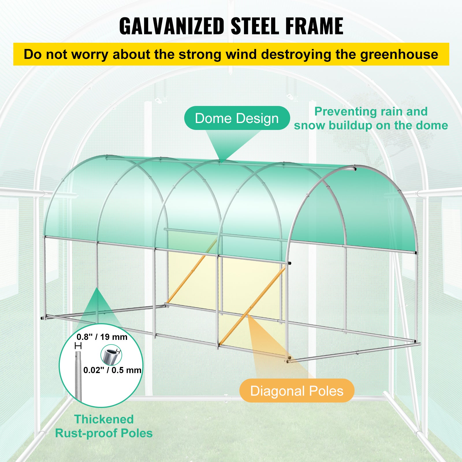 Serre de Jardin Tunnel VEVOR 4,5x2x2 m Bâche PE Renforcée 140 g/m² Armature Acier Galvanisé 8 Ouvertures Latérales Porte Zippée Culture Extérieure - 3