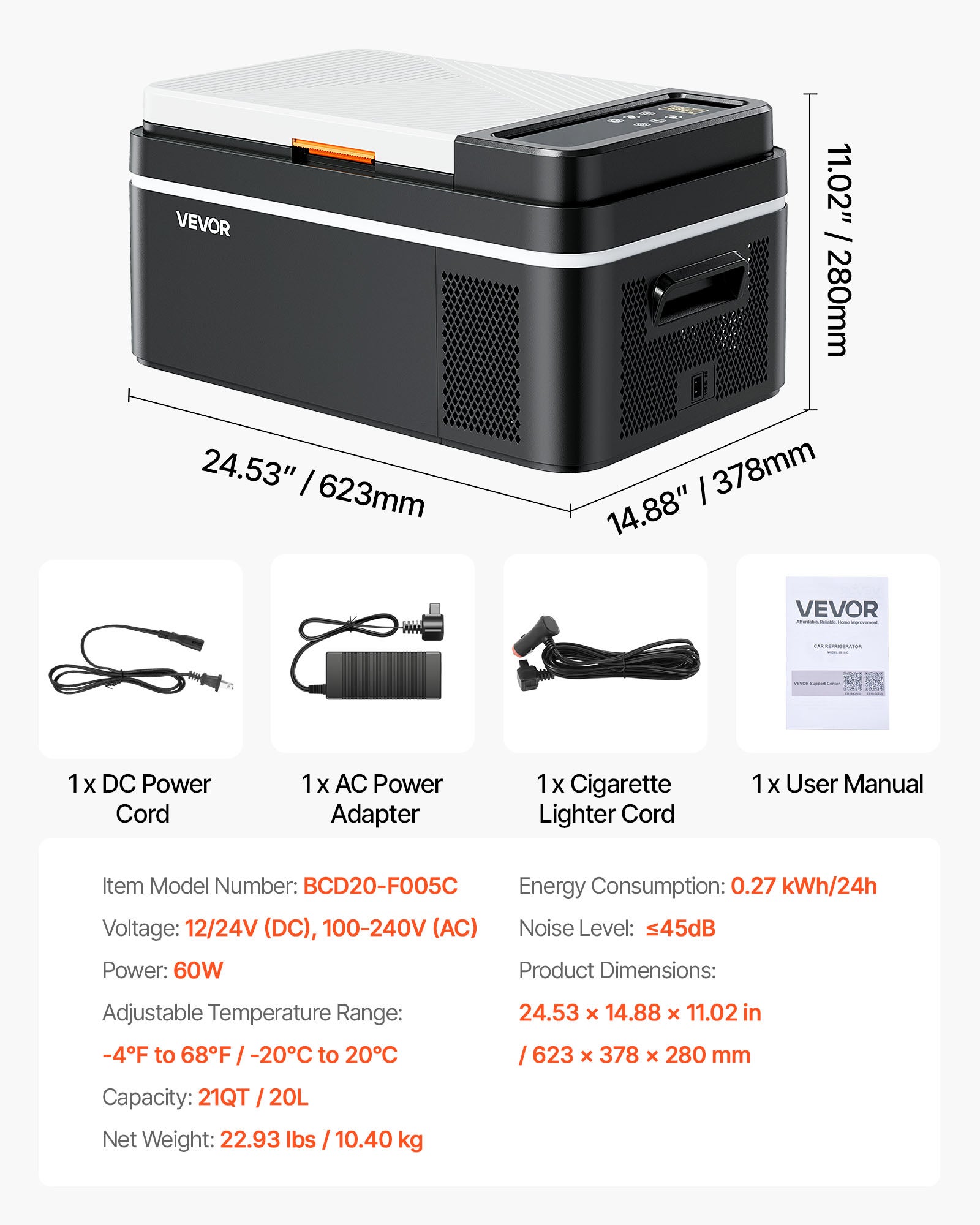 Glacière Électrique Compression Voiture VEVOR 20 L, Contrôle via APP,12/24 V DC et 100-240 V AC, -20 °C à 20 °C pour Camping Voyage Plage Bateaux - 7
