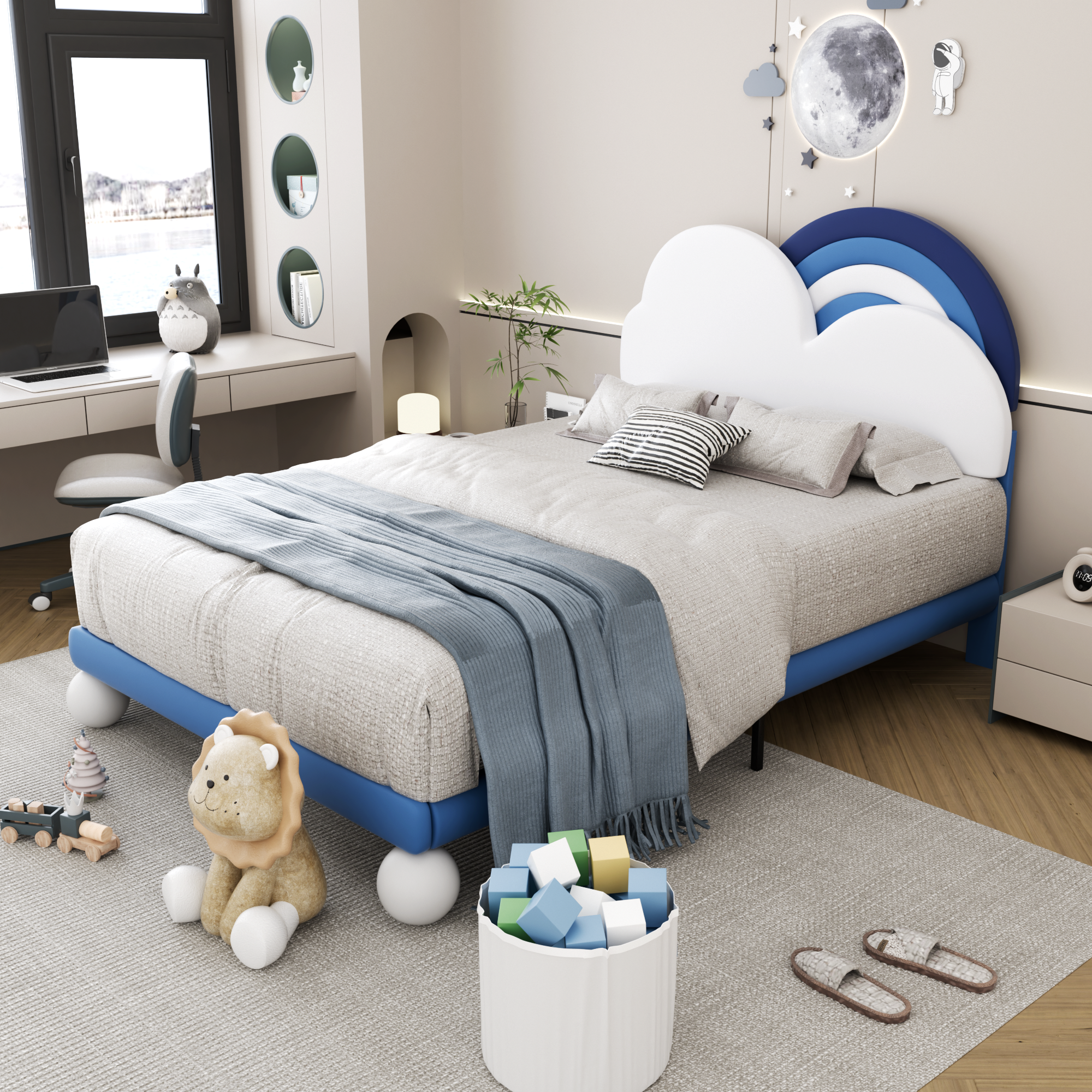 Cama infantil con cabecero en forma de nube - 1400 x 200 cm - polipiel ...