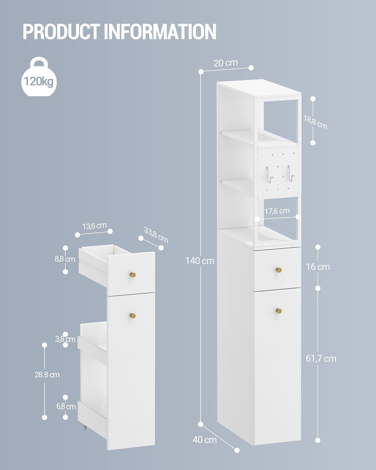 Mobile da Bagno, Mobiletto Portaoggetti, Alto, 3 Ripiani Aperti, 40 x 20 x 140 cm, Mobiletto Bagno Salvaspazio, per Bagnos, Soggiorno, Bianco - 8