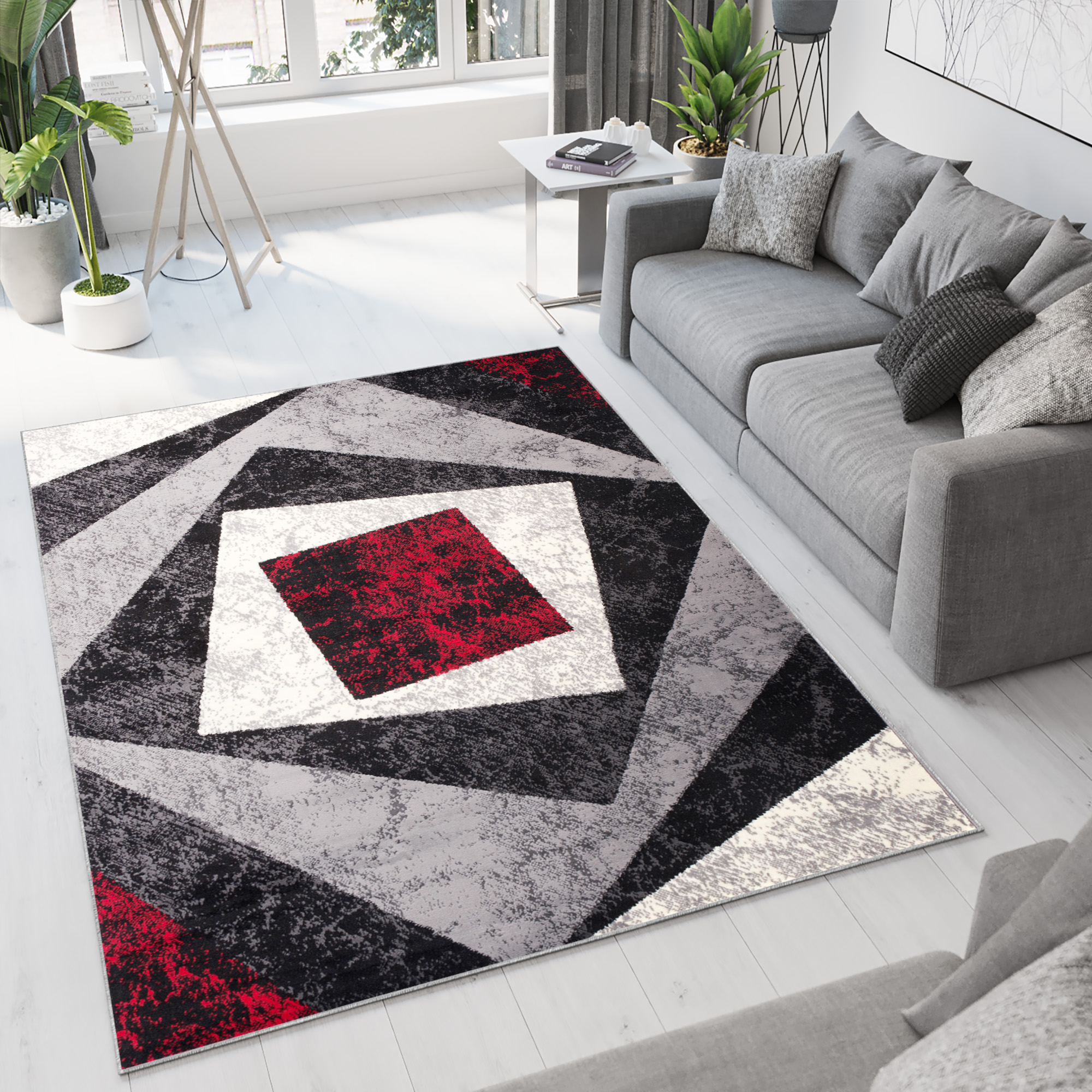 Tapiso dream alfombra salón dormitorio negro gris crema rojo geométrico azulejos fina 150 x 300 cm