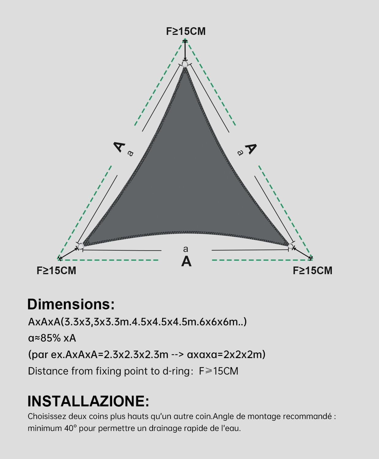 Voile d'ombrage Triangulaire 5x5x5m Imperméable à l'eau PES Toile d'ombrage Anthracite avec 95% de Protection UV pour Patio Extérieur Jardin - 2