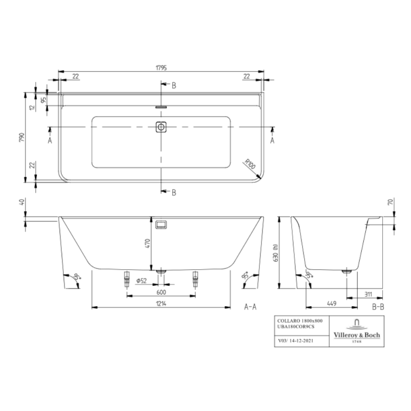 Baignoire droite murale 180 x 80 VILLEROY ET BOCH Collaro vidage blanc - 3
