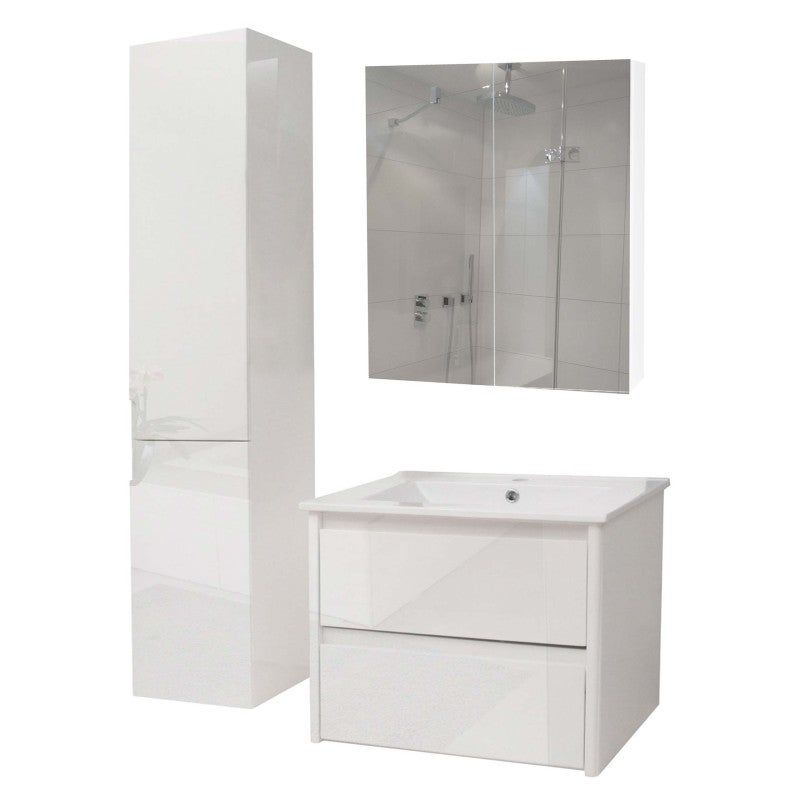 Zestaw łazienkowy HWC-B19b, szafka pod umywalkę, szafka wisząca z lustrem, wysoki połysk, certyfikat MVG ~ biały