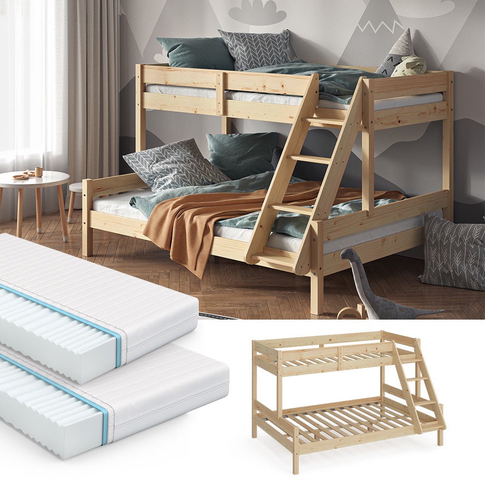 Lit superposé Merlin, Blanc/bois naturel/Naturel bois, 90x200 cm, Vitalispa
