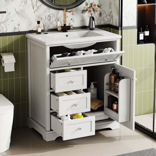 Meuble De Salle De Bain Avec Vasque Intégrée 76x46x87 Cm - Blanc, 1 Porte, 4 Tiroirs, Résistant à L'humidité - 9