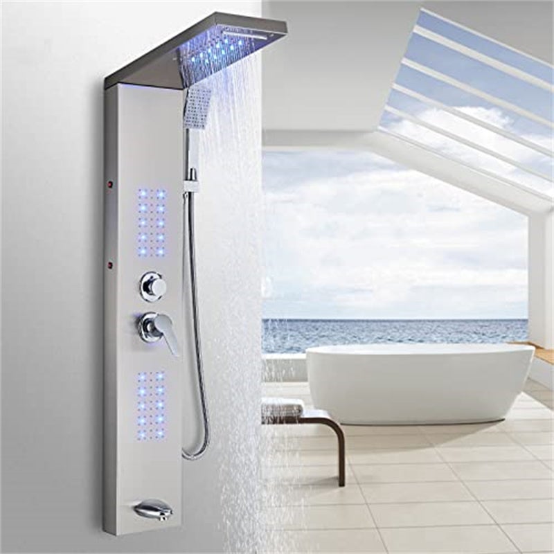 Juanya Système de Douche avec Écran Numérique LED et Affichage de l'Heure, Colonne de Douche Réglable en Hauteur Intégrant une Douchette Hygiénique, Équipée de Boutons Type Piano Juanya Système de Douche avec Écran Numérique LED et Affichage de l'Heure, Colonne de Douche Réglable en Hauteur Intégrant une Douchette Hygiénique, Équipée de Boutons Type Piano