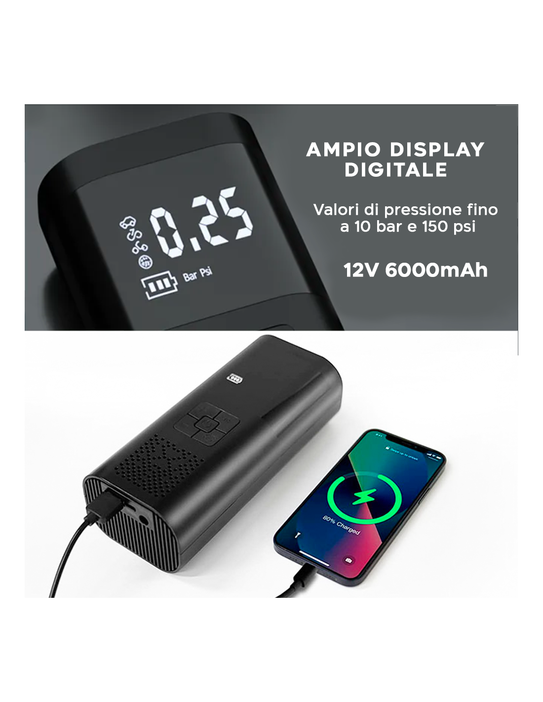 Compressore Portatile Ricaricabile Per Gomme - PowerBank, Auto Stop, Display Pressione, Per Moto, Auto E Bici - Foto 9