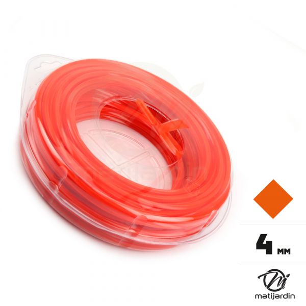 Fil débroussailleuse nylon 4 mm x 25 m. Carré. Rouge/Orange. Blister. - 2