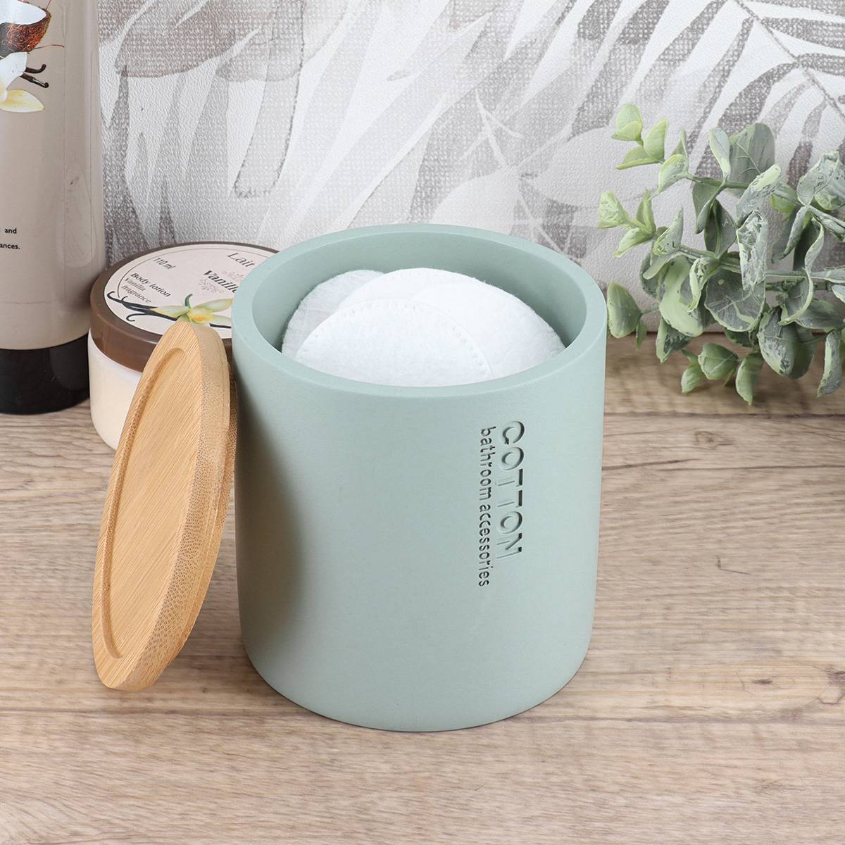 BOITE A COTON POLYRESINE COUVERCLE BAMBOU - VERT EUCALYPTUS/BAMBOU - Tendance - 3
