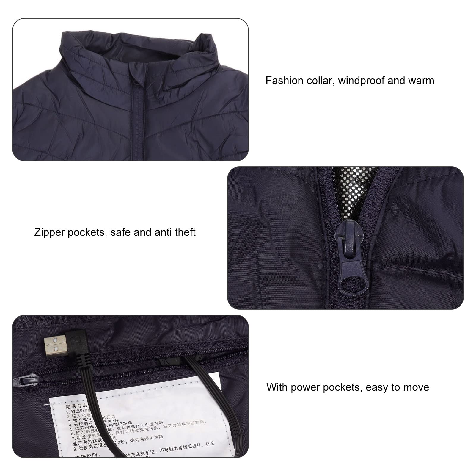 Gilet chauffant, gilet chauffant d'hiver, gilet chauffant électrique avec 3 niveaux de chauffage 9 zones de chauffage, vestes chauffantes lavables pou - 4