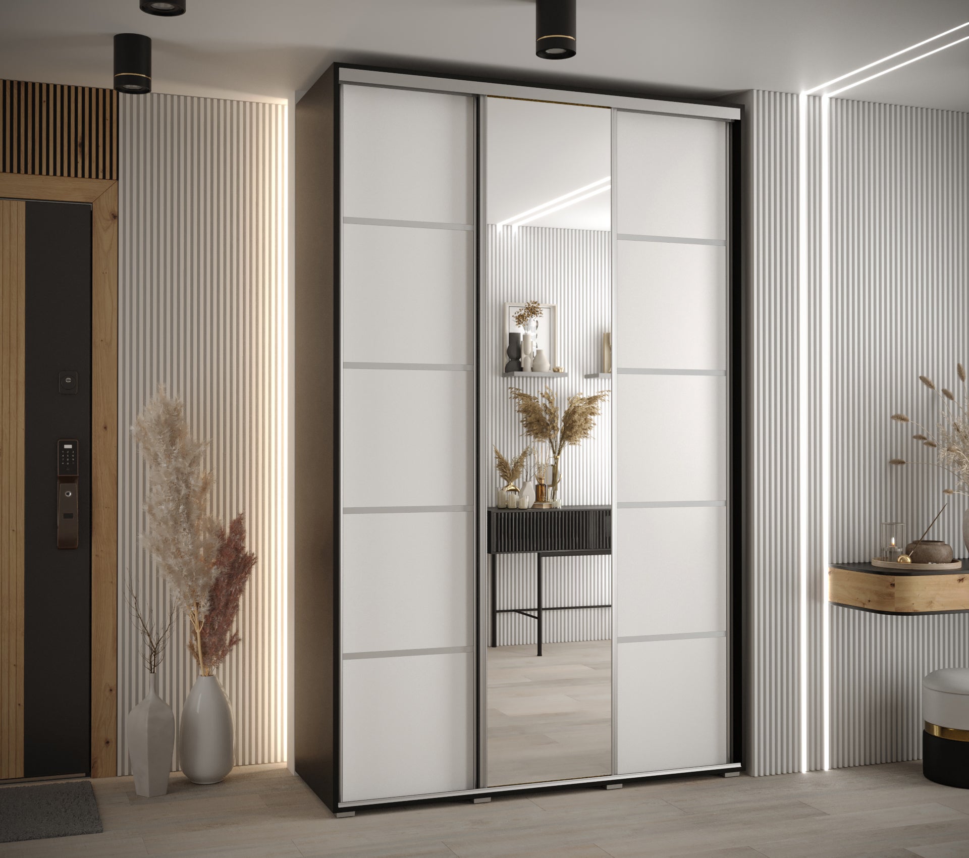 Szafa przesuwna z lustrem wysoka Davos 5 150 x 60 x 235,2 cm czarny + biały + u. srebrny - Abiks Meble - 2