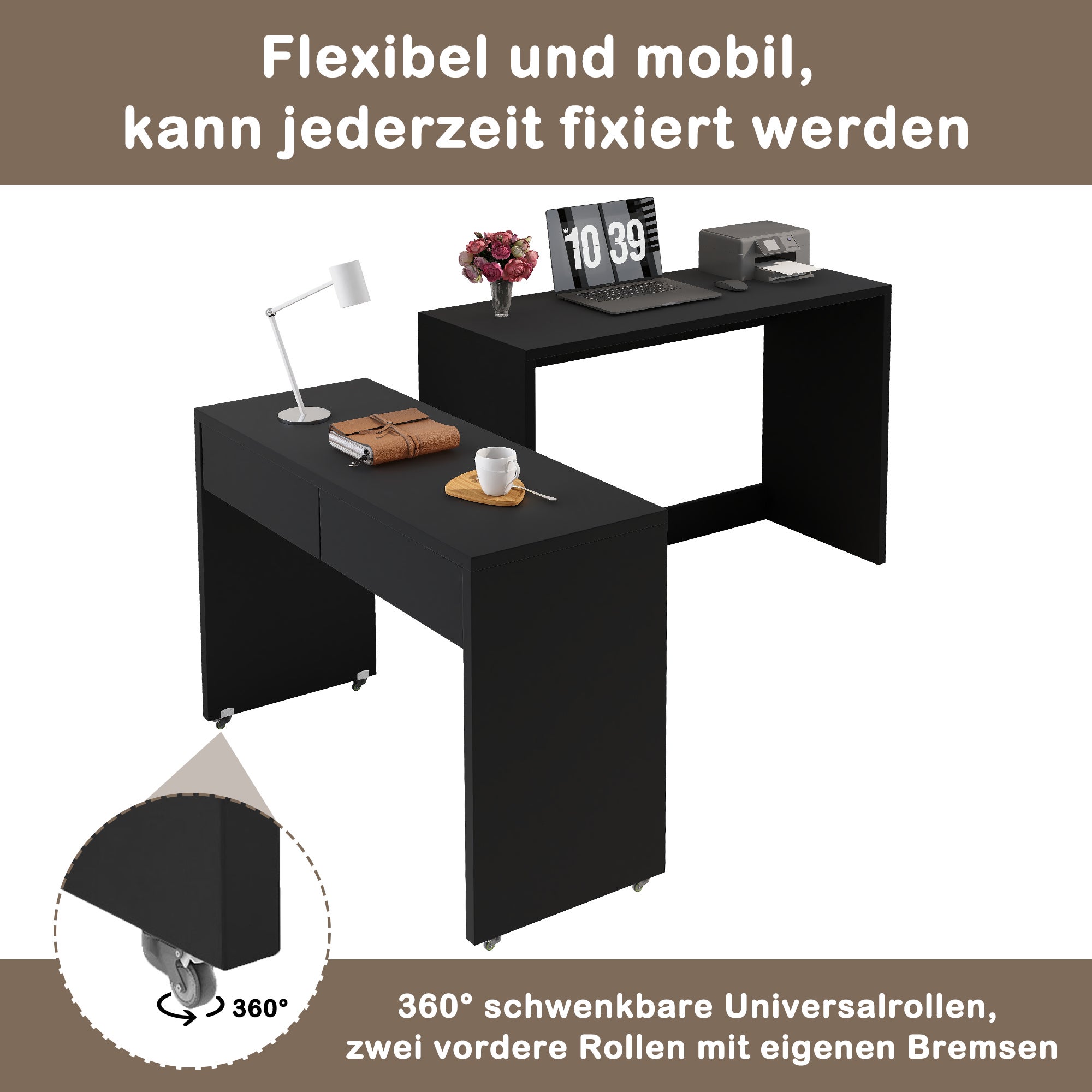 Bureau extensible 110x40x78 cm, bureau gigogne avec roulettes et 2 tiroirs, noir - 7