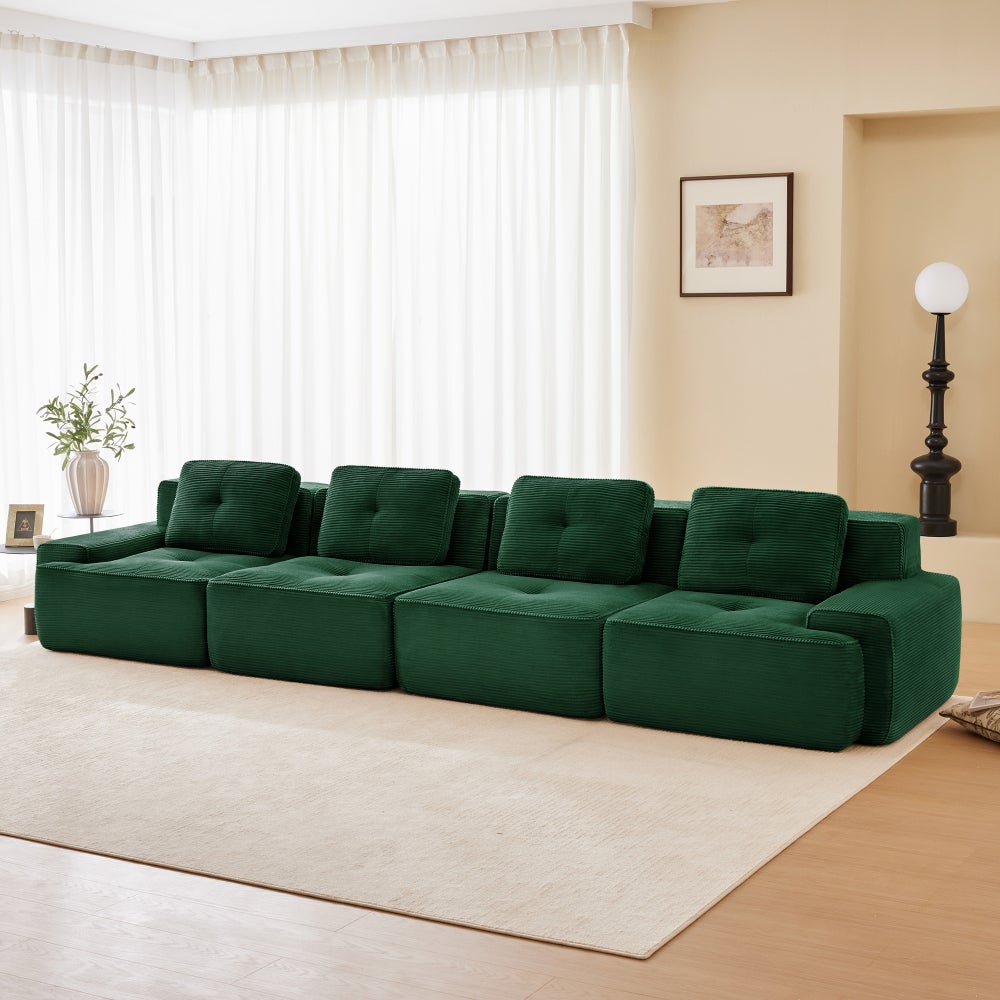 Sofa 4-osobowa modułowa, sztruksowa, niskie siedzisko, zielona