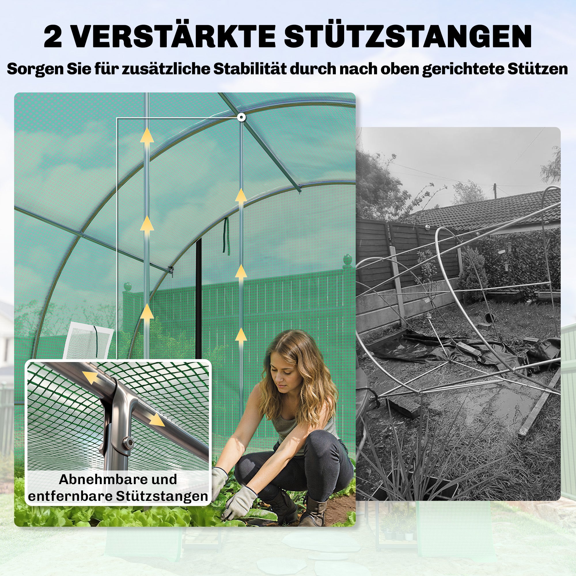 Serre tunnel verte (environ 4 x 3 x 2 m) avec côtés enroulables, 2 portes à fermeture éclair et 8 fenêtres en filet + barres de support - 6