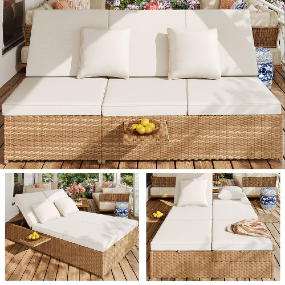 Espreguiçadeira dupla para exterior em rattan, sofá de rattan, móveis de jardim dobráveis, com almofadas, resistente ao clima, branco - 3