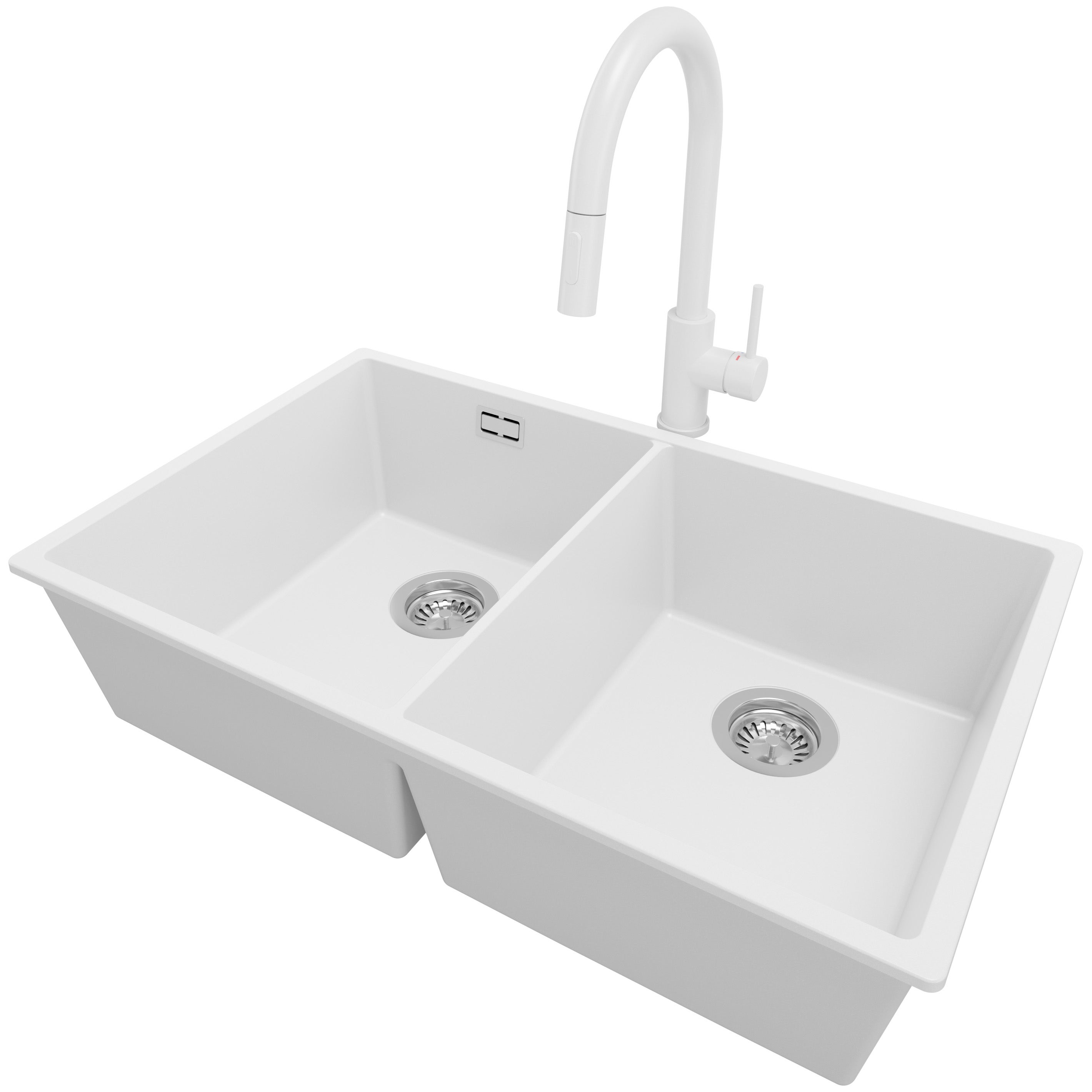 Zlewozmywak podblatowy Biały 76x47cm, Zlew Kuchenny 2 Komorowy + Bateria 40x20cm + Syfon, do szafki od 80cm - Londyn Twin PRIMAGRAN